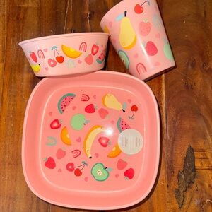 ZAK Bundle Designs New Pink Fruit Mealtime Set Water Bottle Tumbler Bowls Plates
